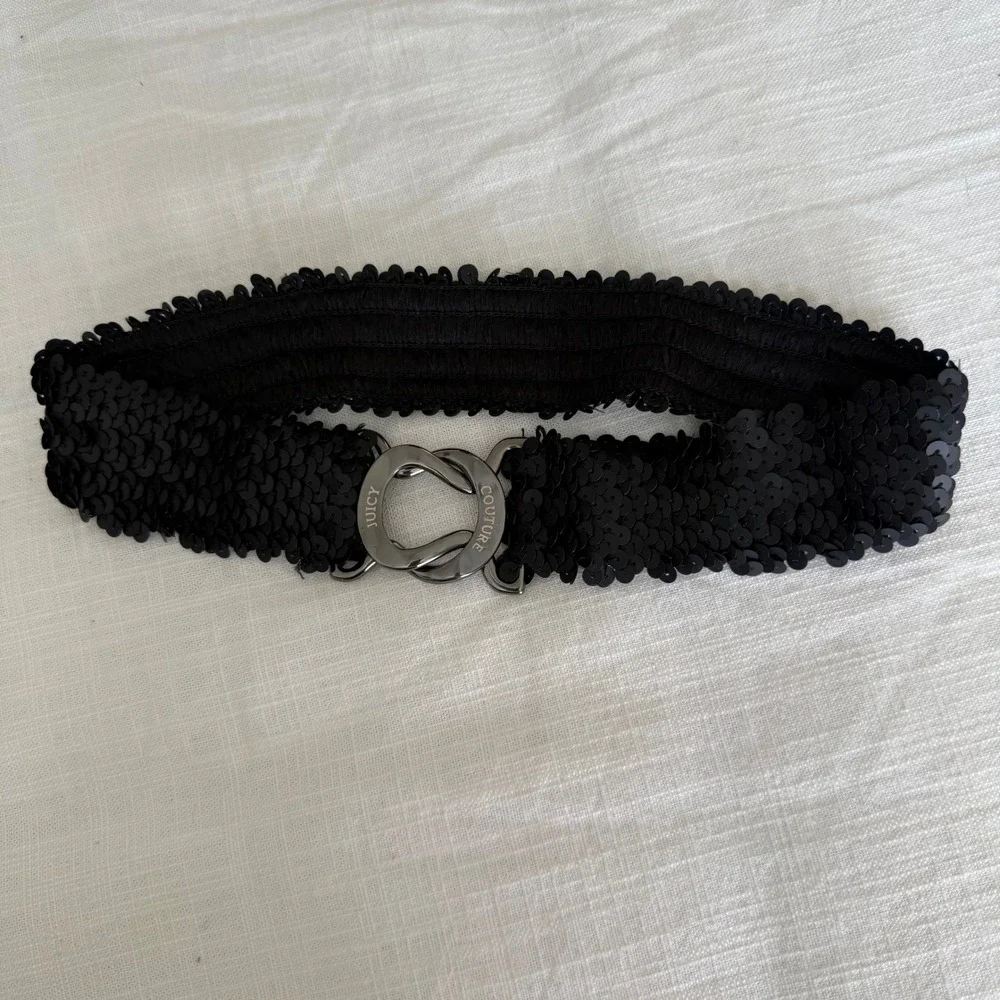 Juicy Couture Black Sequin Elastic Waist Belt Gunmetal Logo Buckle Y2K Glam